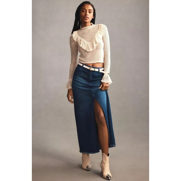 Pilcro womens The Madi Long Midi Denim Jean Skirt sz 12 Ombre Front Slit Raw Hem - Picture 1 of 8